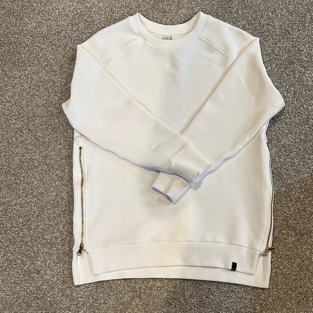 Varley White Side-Zip Waffle Crew Sweatshirt